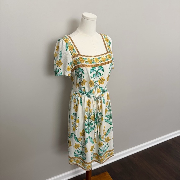 Draper James Dress Floral Linen Blend Square Neckline Lined Prairie Yellow Green - Picture 2 of 15